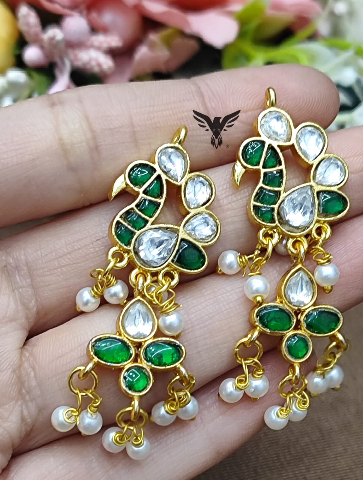 Peacock earrings in emerald green  for women