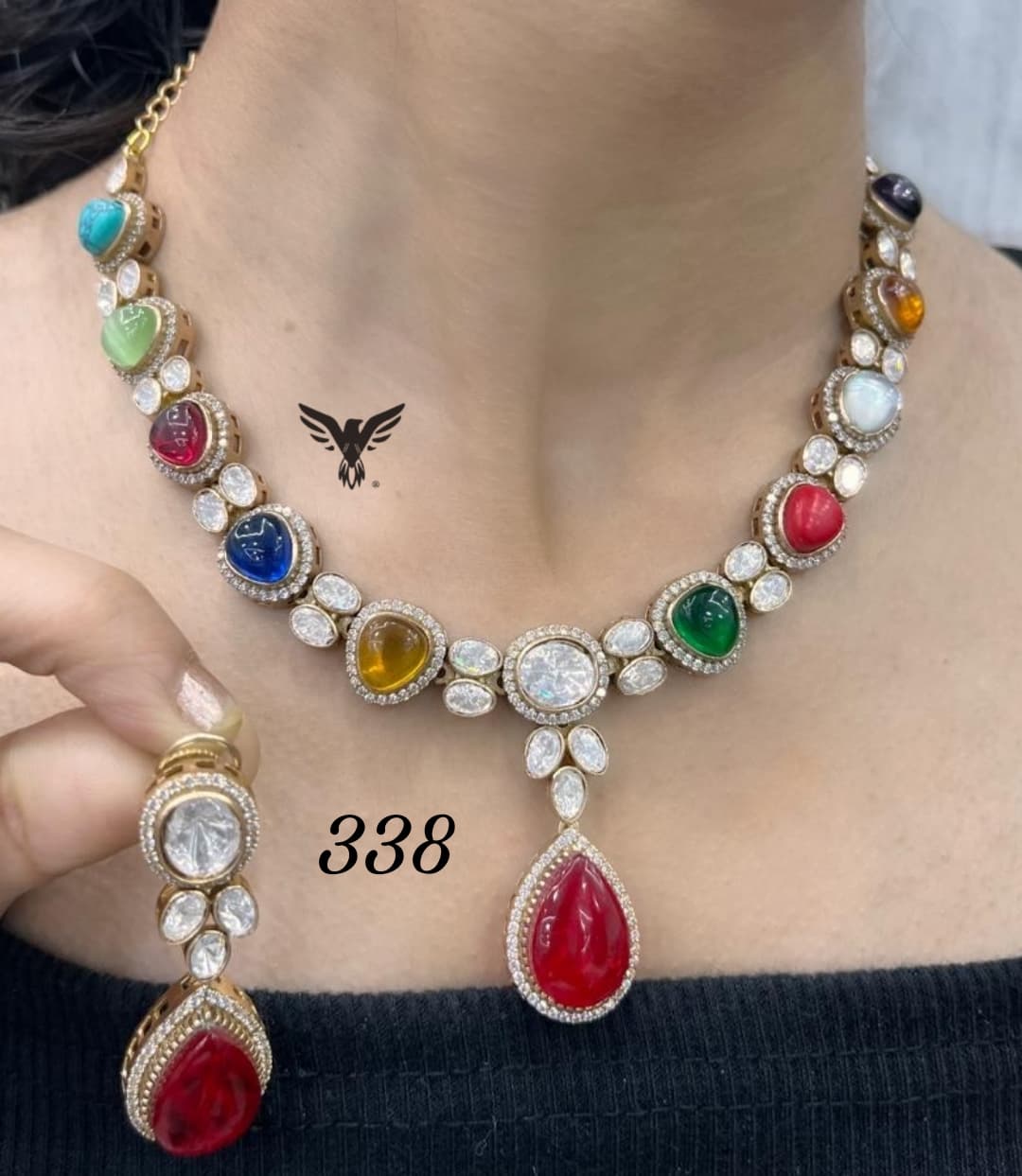 Multicolour kundan necklace with mosanite for women