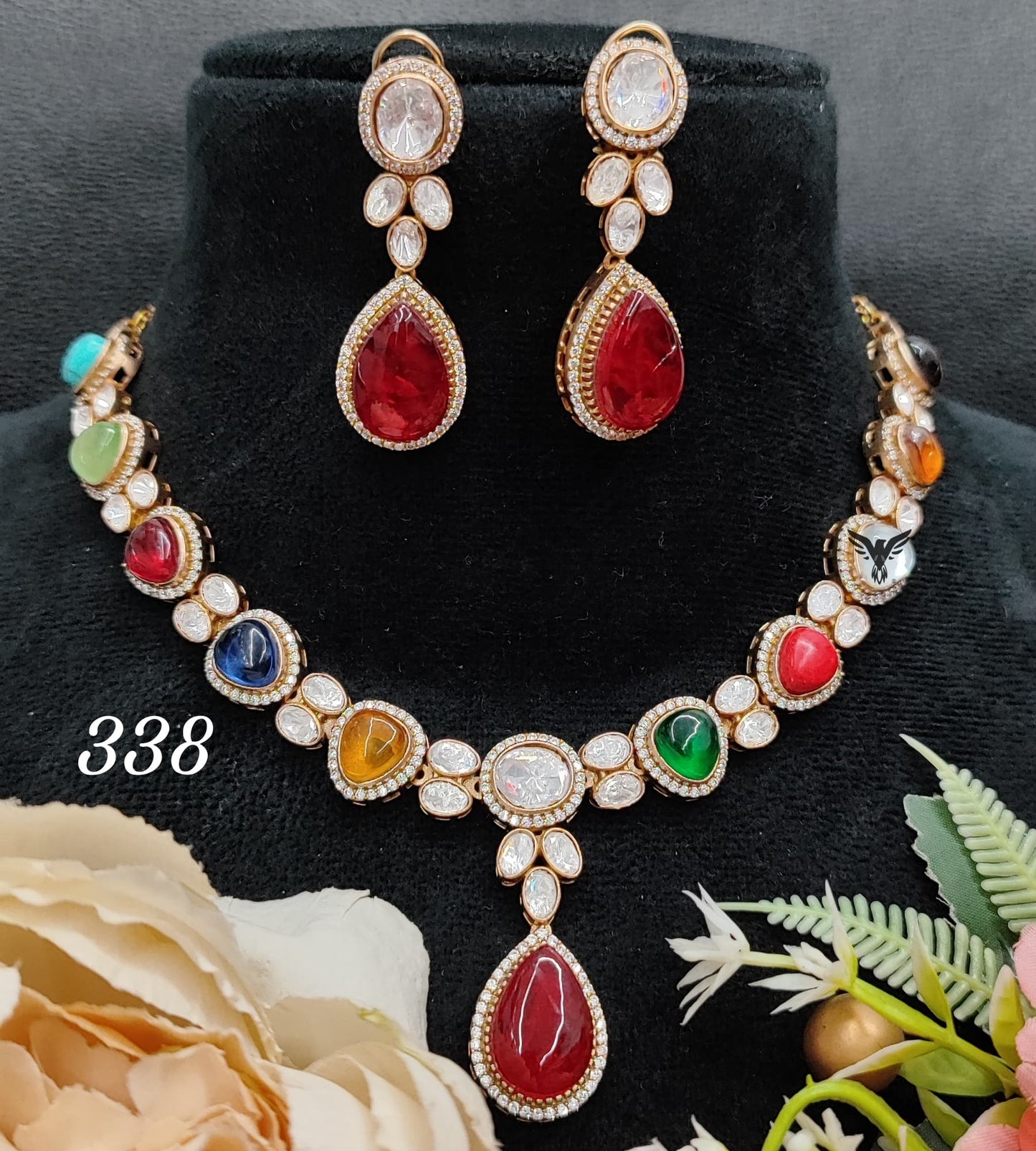 Multicolour kundan necklace with mosanite for women