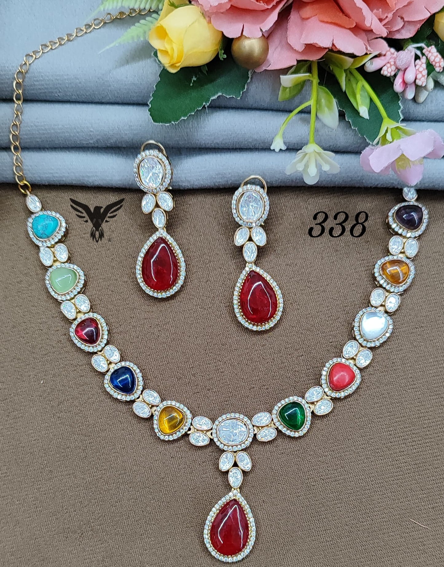 Multicolour kundan necklace with mosanite for women
