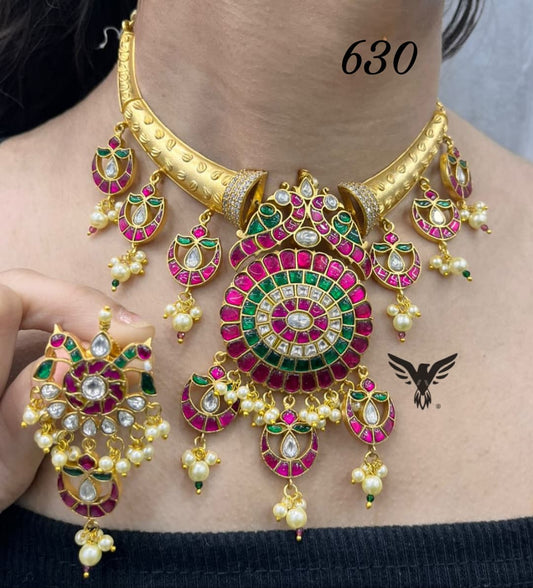 Hasli with peacock and kemp stones necklace in ruby  for women