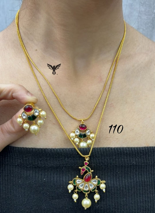 Double layered  kemp stone multi pendent set with pearls for women