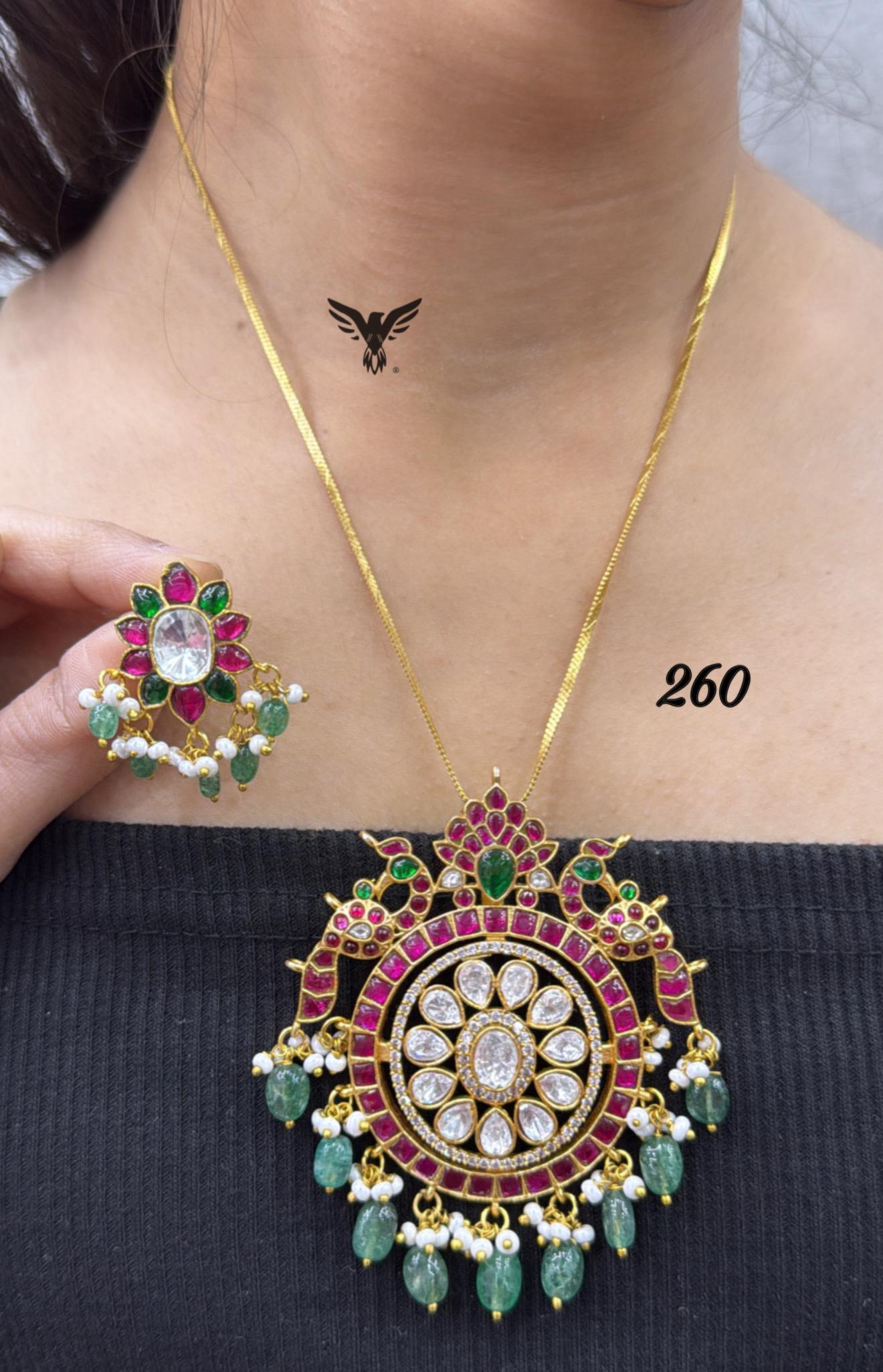 Mint beads with  mosanite with kemp stone pendent set in ruby for women