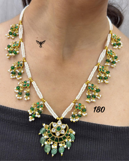 Chaand  Paachi kundan pendent With side motives in emerald green  for women