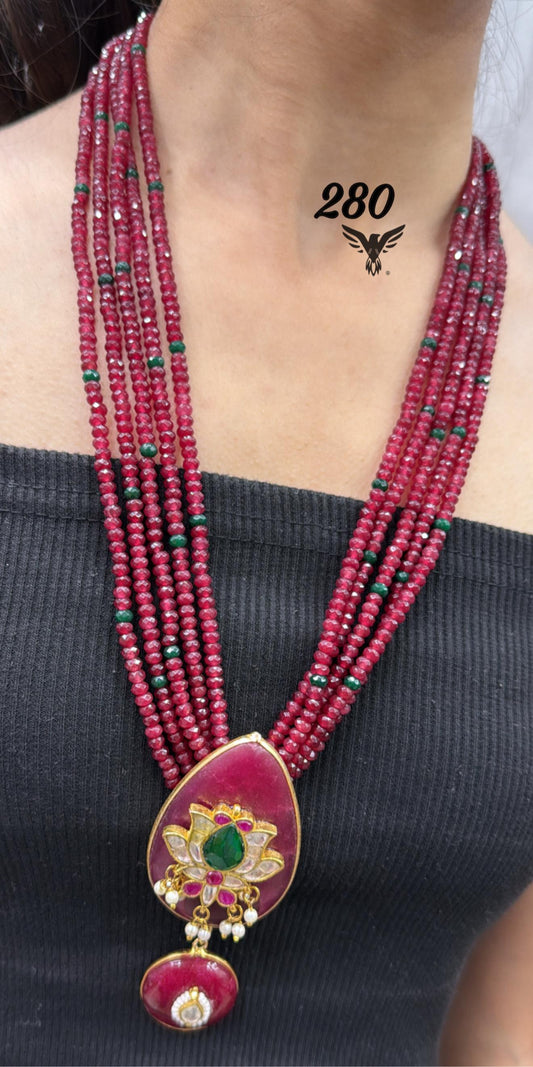 Long beaded mala with broad pendent in ruby with lotus  for women