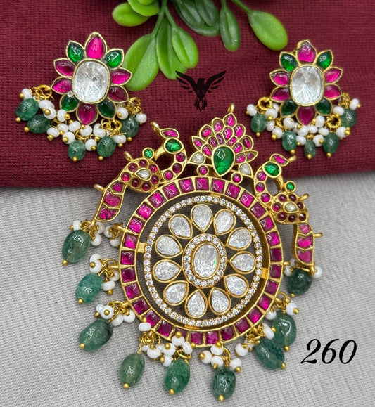 Mint beads with  mosanite with kemp stone pendent set in ruby for women
