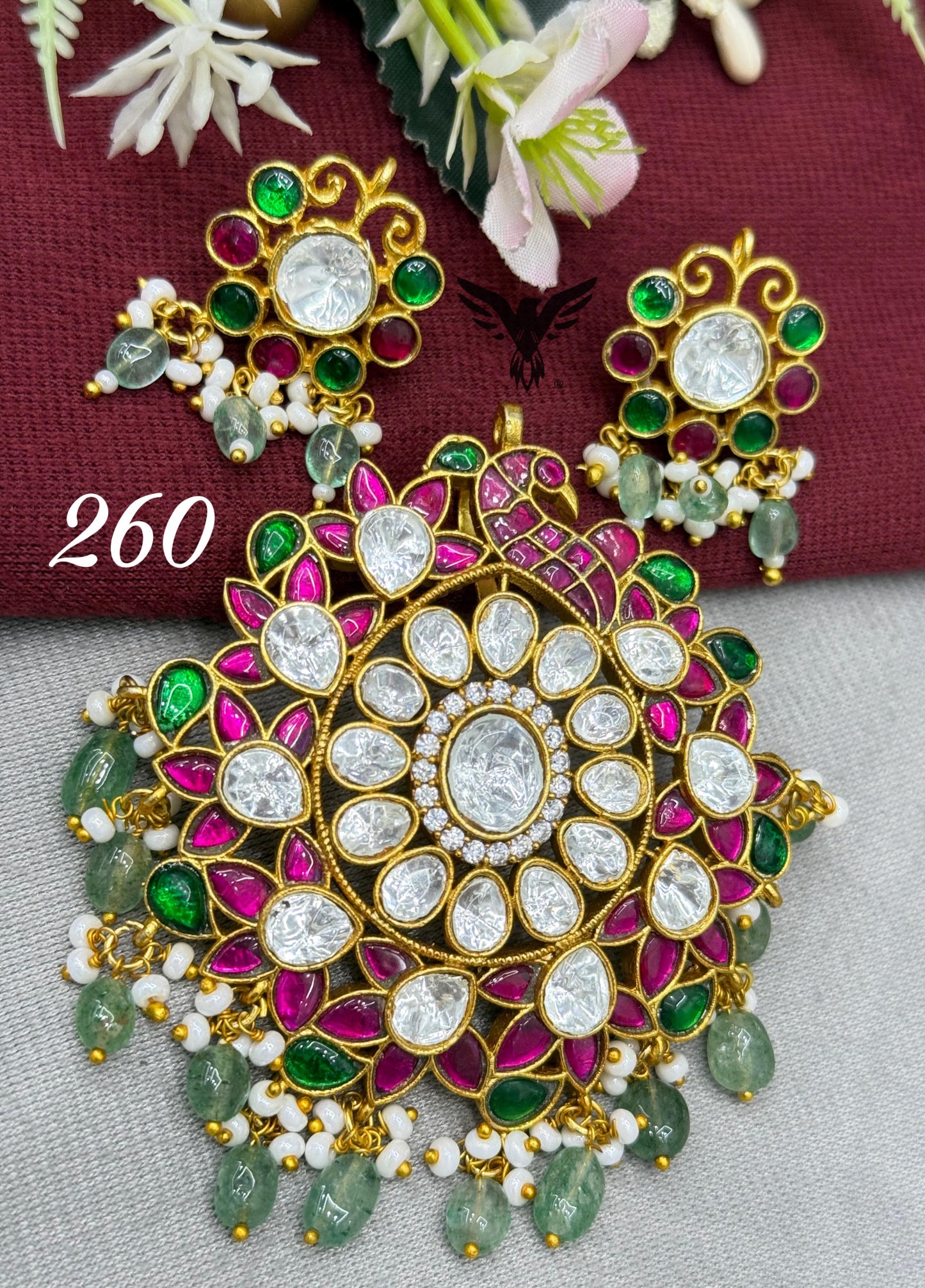 Antique jadaoo with  mosanite with kemp stone pendent set in ruby for women