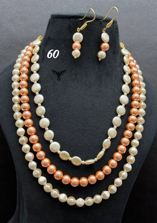 Three layered mala in pearls in peach with hook earrings for women