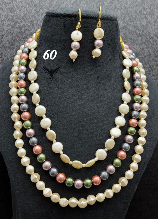 Three layered mala in pearls in Multicolour with hook earrings for women