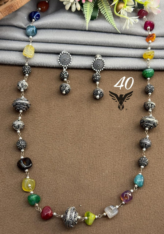 Single layered multicolour mala  with earrings for women