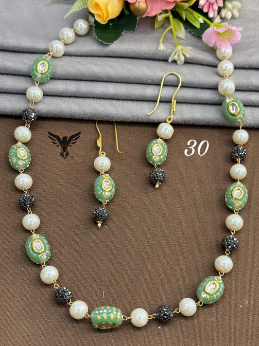 oval natural with mint beads and pearls mala for women