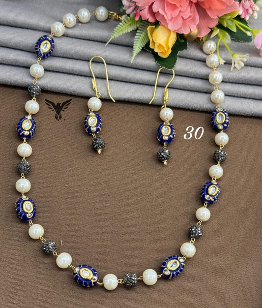 oval natural with Blue beads and pearls mala for women