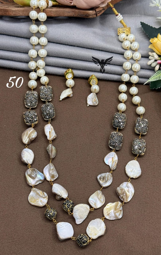 Pearls with duzy stones in double layered mala for women