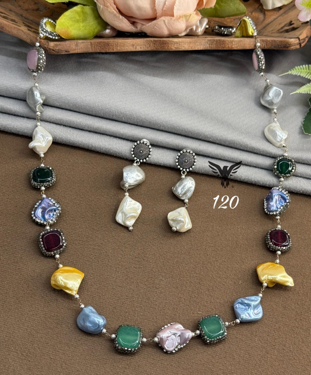 Natural semi precious  single lina mala  in multi with earrings for women