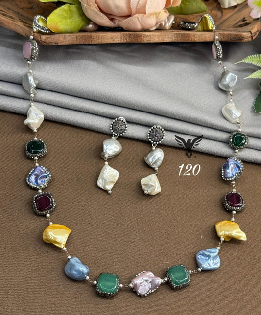 Natural semi precious  single lina mala  in multi with earrings for women