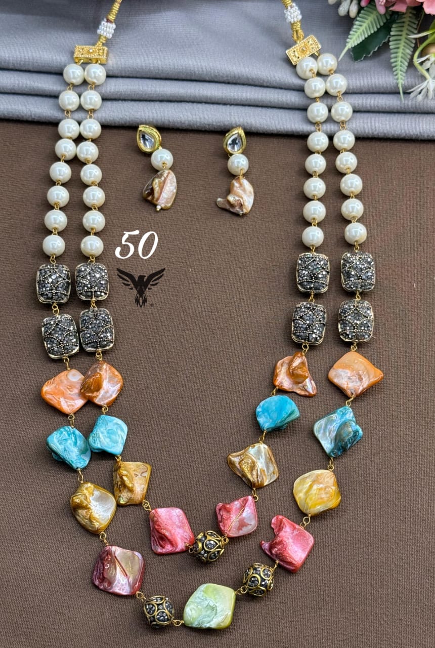 Pearls with duzy stones in multi double layered mala for women