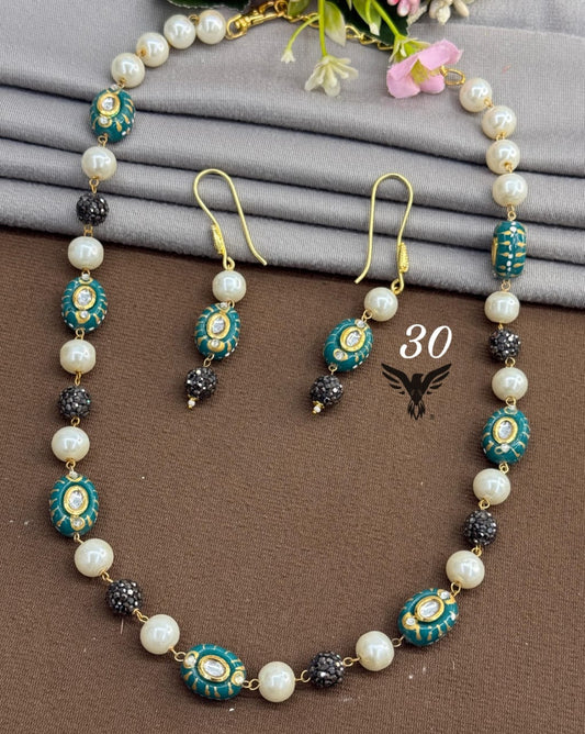oval natural with teal colour beads and pearls mala for women