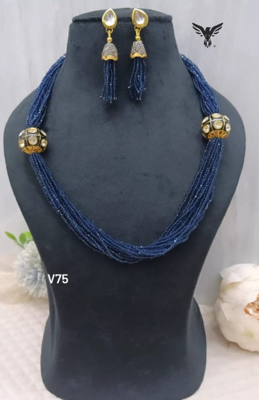 Rice beads with side tanjore balls mala in blue for women