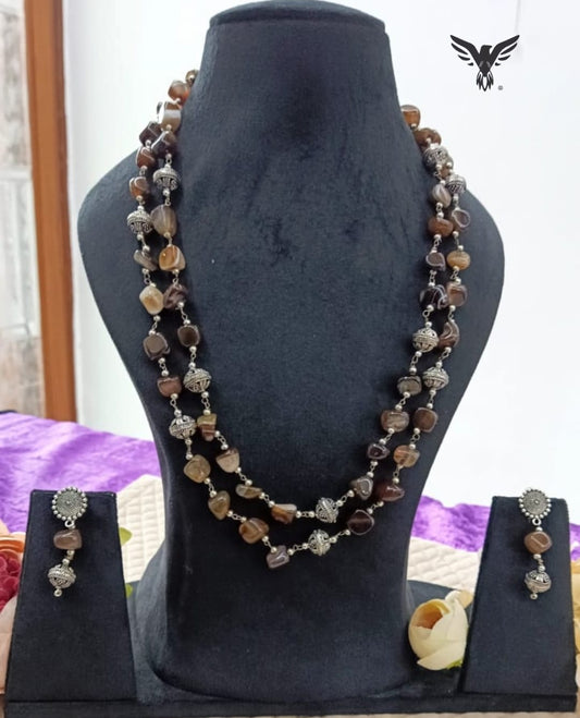 Jaipuri beaded mala in browm and black beads for girls and ladies with earrings