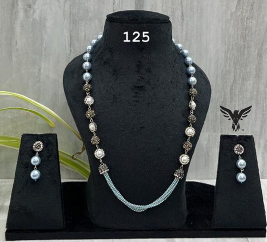 Shimmering stones with pearls mala in ice blue for women