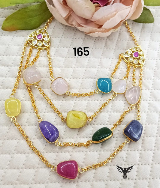Golden polish triple layered colourful stones necklace  for women