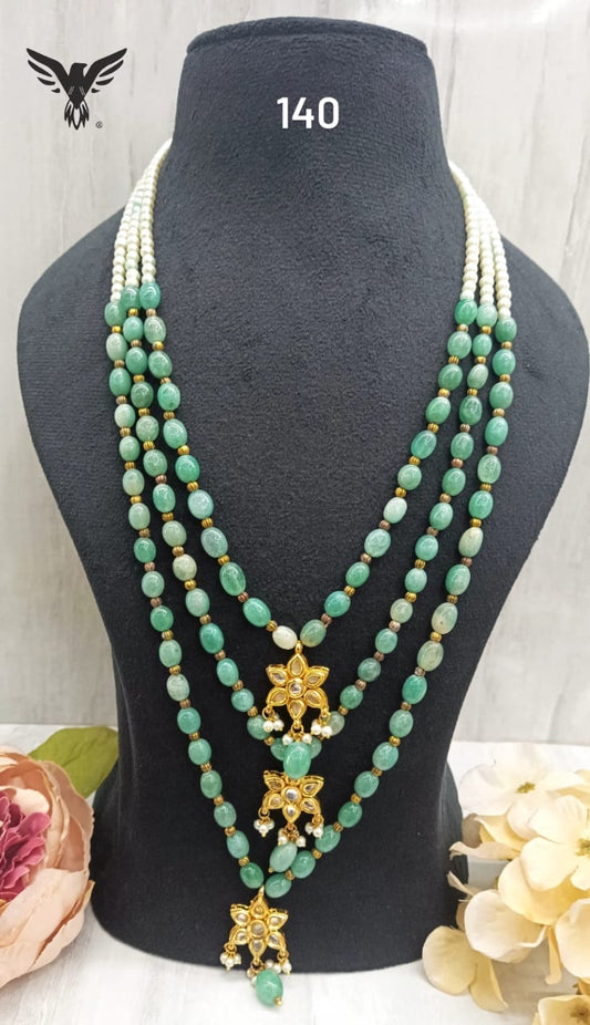 Kundan motives with mint stone three layered mala with earrings