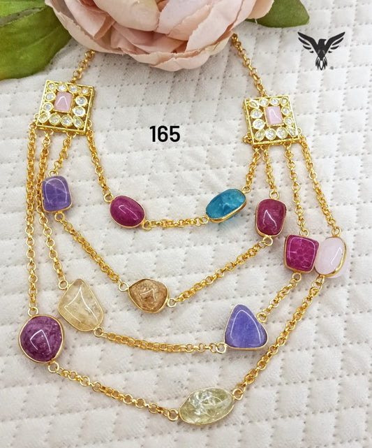 Golden polish triple layered colourful stones necklace  for women