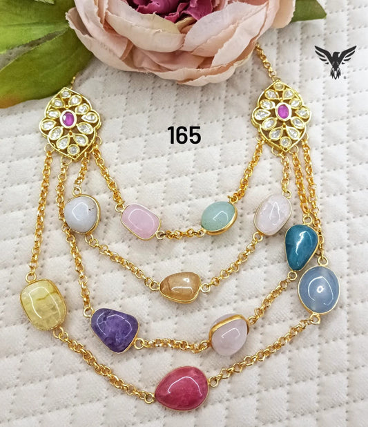 Golden polish triple layered colourful stones necklace in multi colour for women