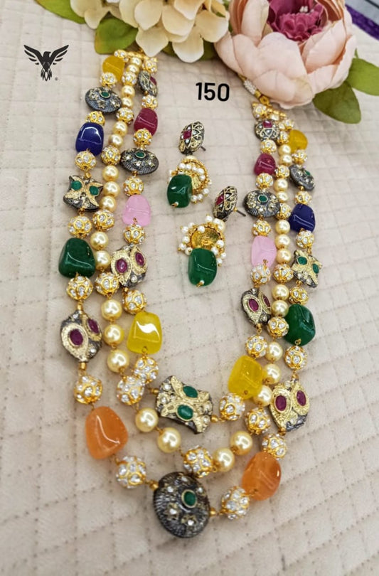 Jaipuri mala tanjore and coloured beads in three layered for women