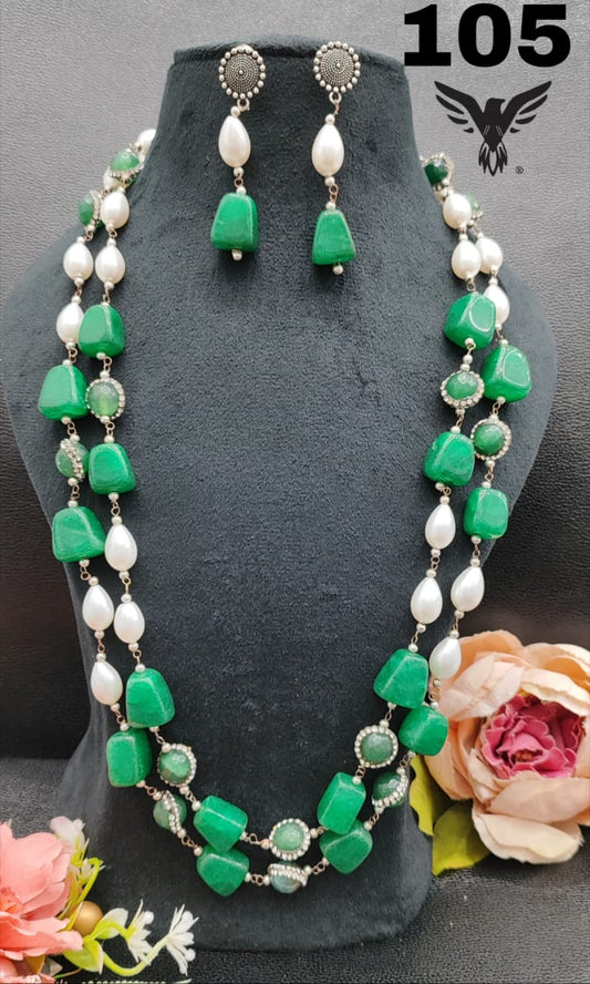 DOUBLE LAYERED MALA WITH COLOR STONES IN WHITE AND GREEN FOR WOMEN