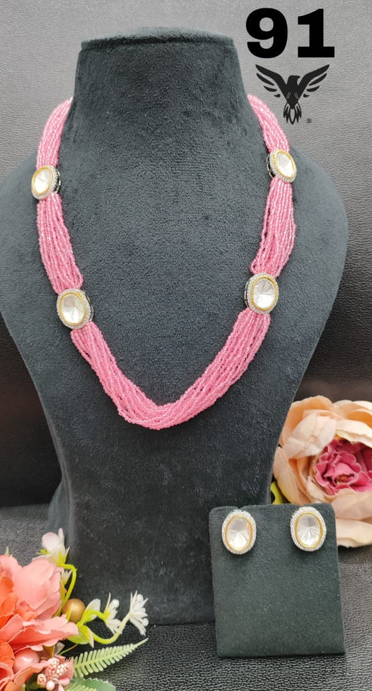 RICE  BEADS WITH POLKIS MALA IN PINK FOR WOMEN
