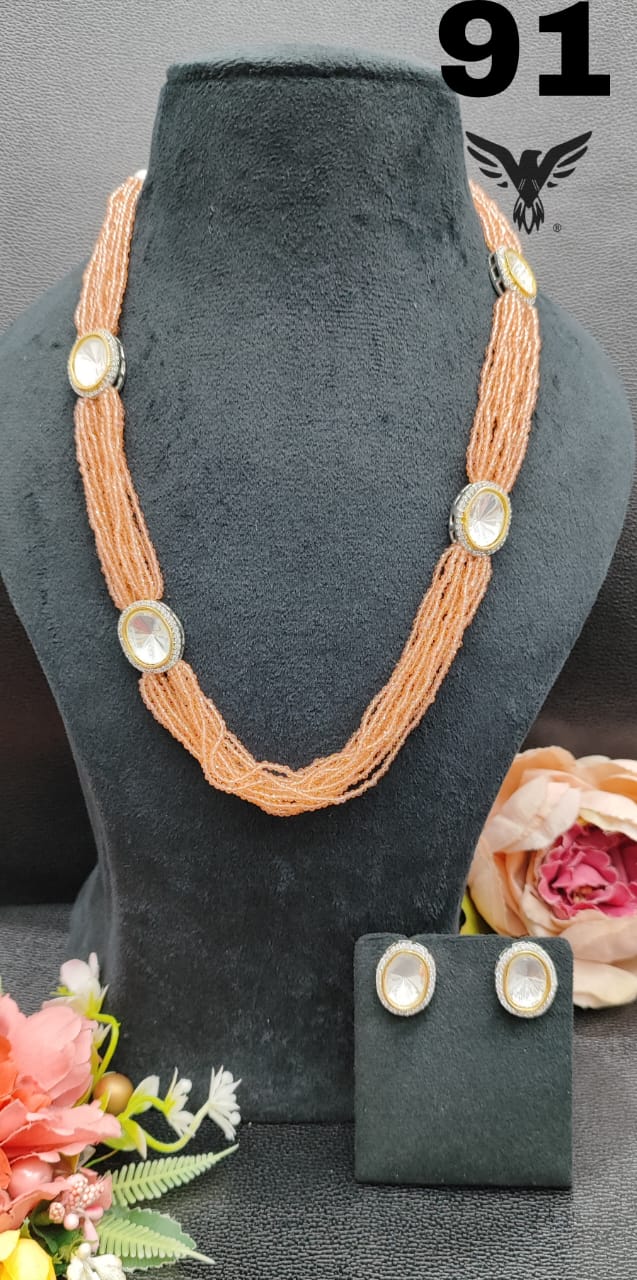 RICE  BEADS WITH POLKIS MALA IN PEACH FOR WOMEN