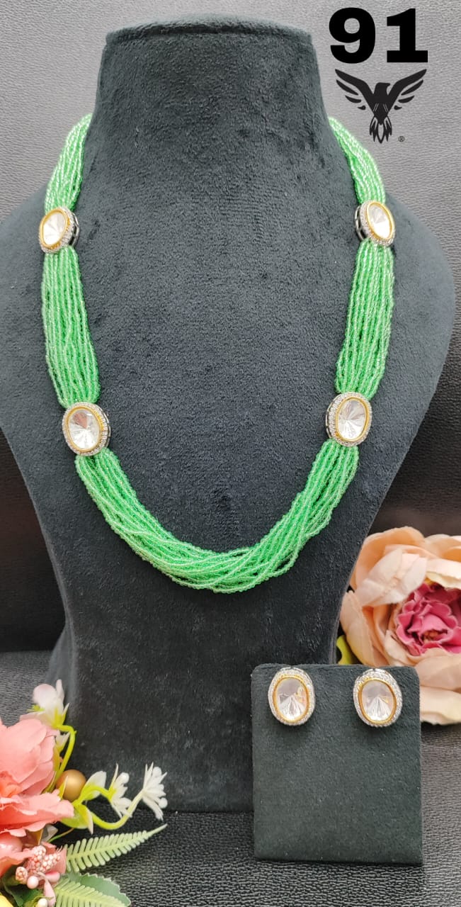 RICE  BEADS WITH POLKIS MALA IN Mint FOR WOMEN