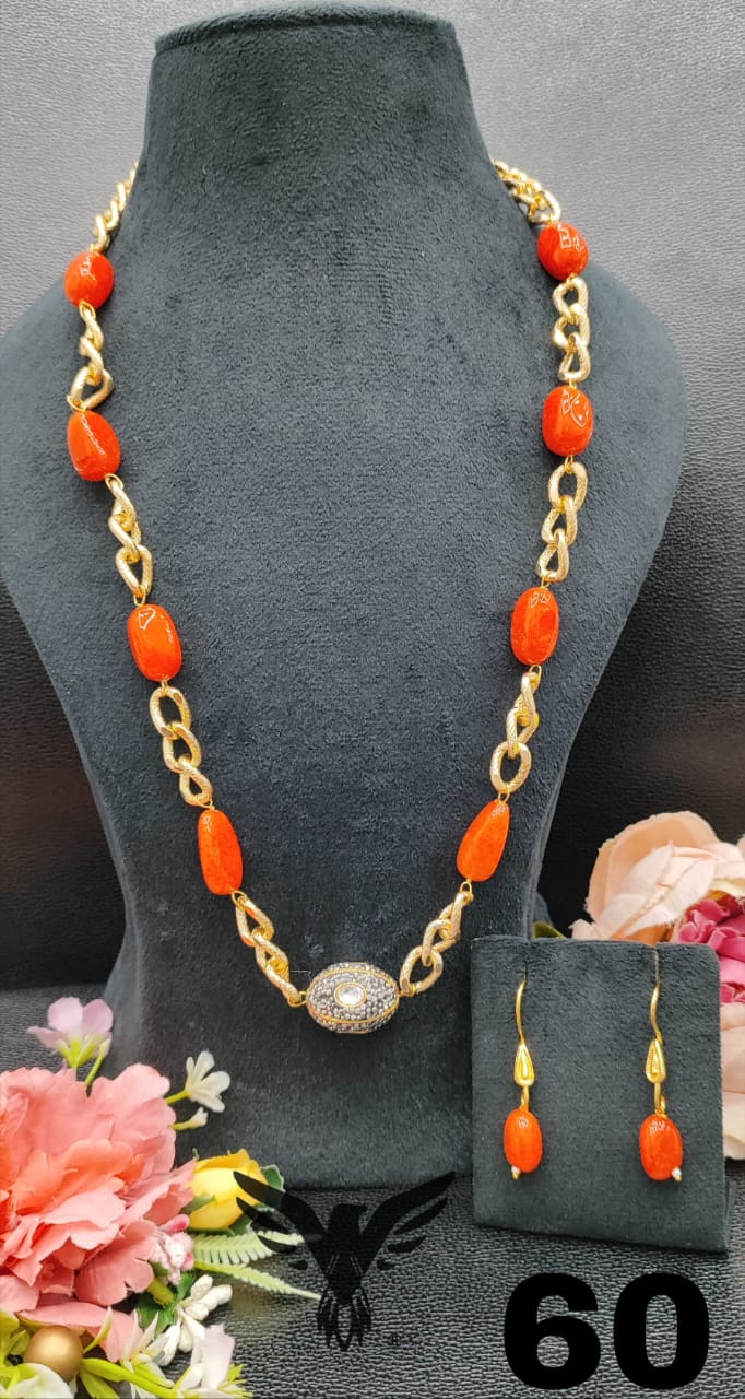 GOLDEN CHAIN WITH DUZY STONES MALA LITE ORANGE FOR WOMEN