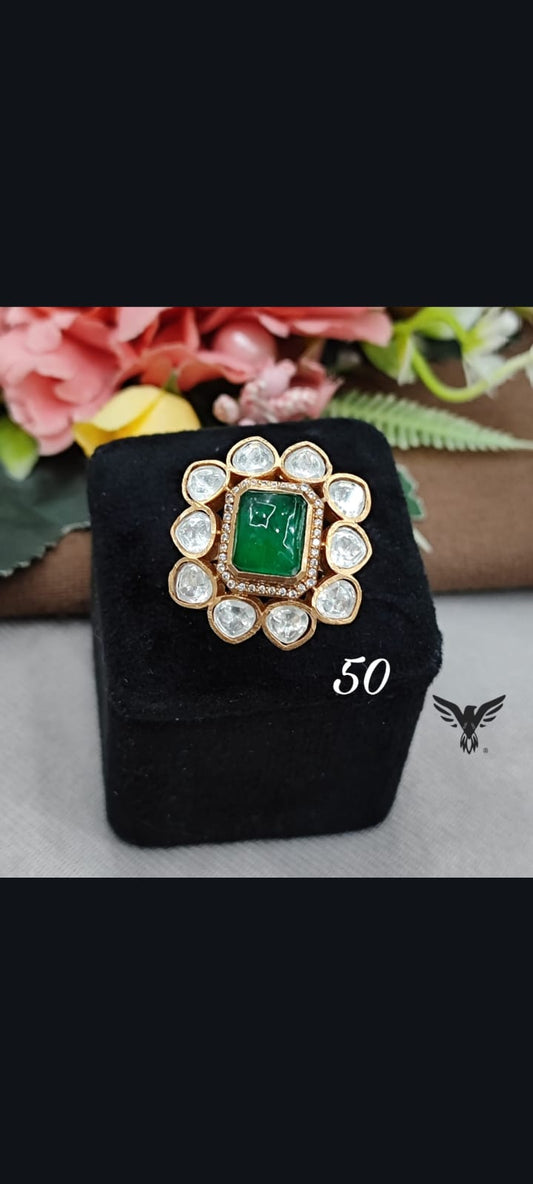 EMERALD RADIANCE POLKI  RING IN GREEN FOR WOMEN