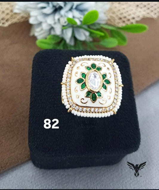 POLKI WITH ENAMEL WORK RING IN GREEN FOR WOMEN