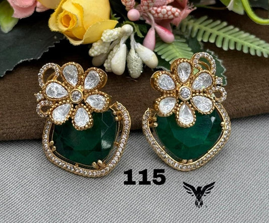 MOSSANITE FLORAL KUNDAN STUDS IN EMERALD GREEN  FOR WOMEN