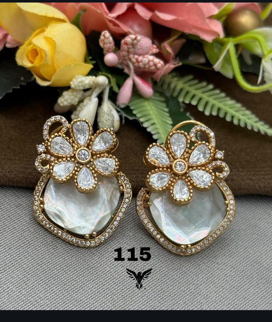 MOSSANITE FLORAL KUNDAN STUDS IN EMERELD  FOR WOMEN
