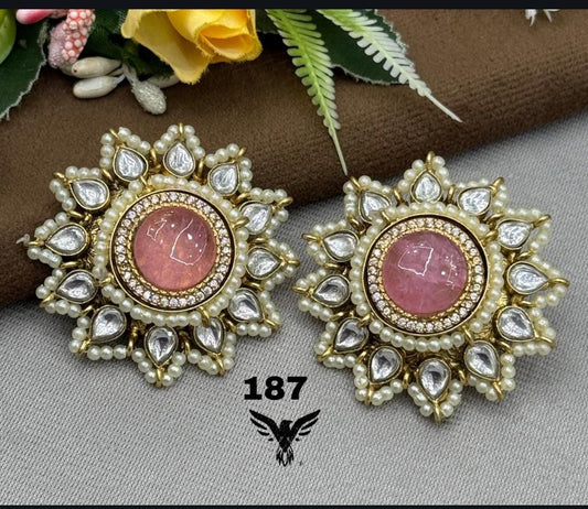 SUNFLOWER MOSSANITE WITH PEARLS STUDS IN BABY PINK FOR WOMEN