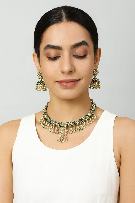 Meenakari hasli in Emerald Green with long kundan earrings for women