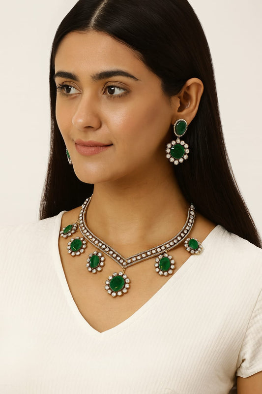 Rupali mossanite Necklace with  earrings  in emerald green for women