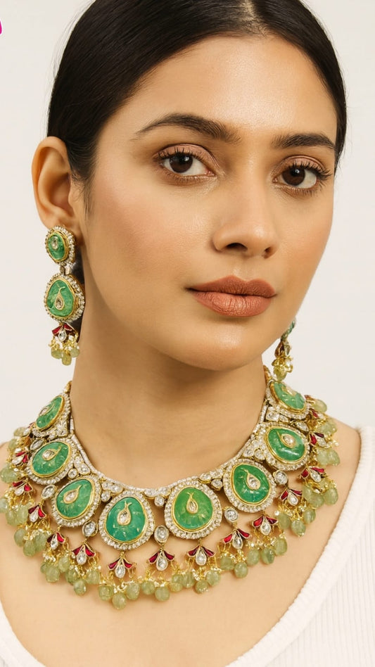 Mint choker with carved stones necklace  with earrings  for women