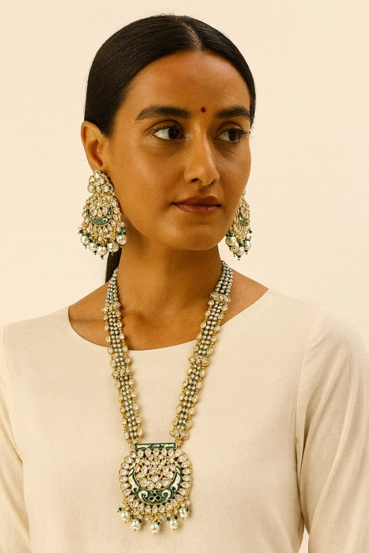 Long pearl with beaded mossanite necklace  with chandbali earrings  for women