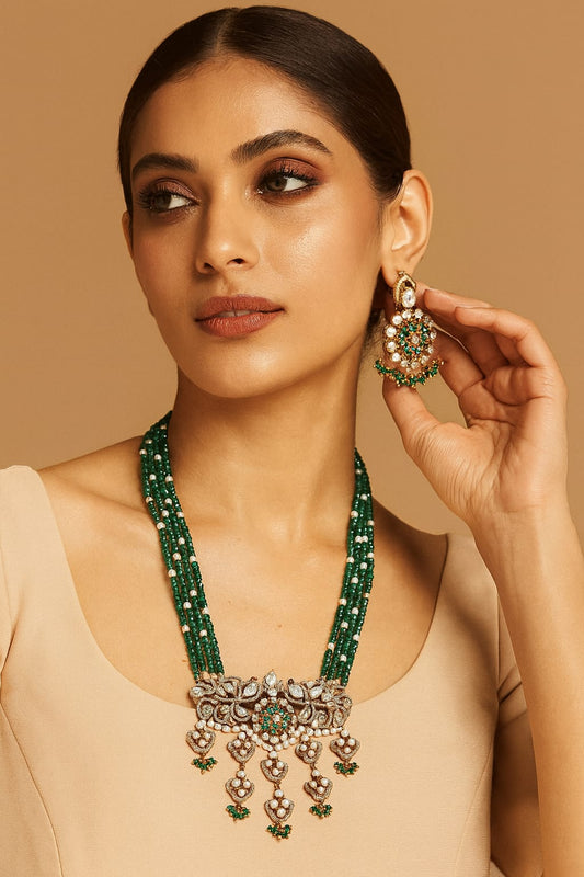 Long oynx beads necklace with mossanite pendent  with earrings in green for women