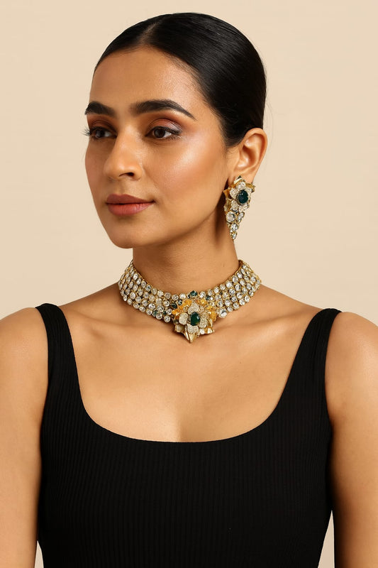 Mother of pearl choker in mossanite in green with cenetered flower for women