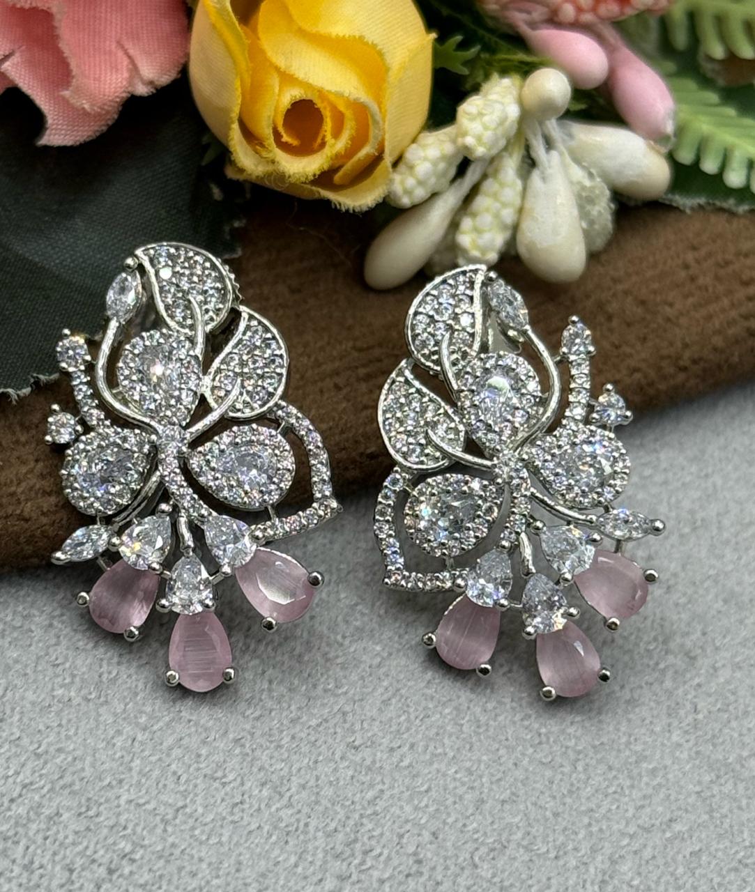 ENTIC MINT PINK AND SILVER CZ STONE EARRING