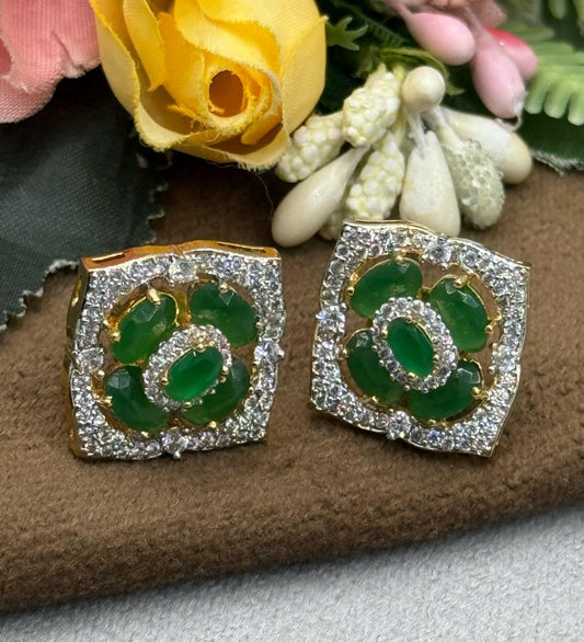 GREEN AND SILVER SQUARE AD STONE EARRING