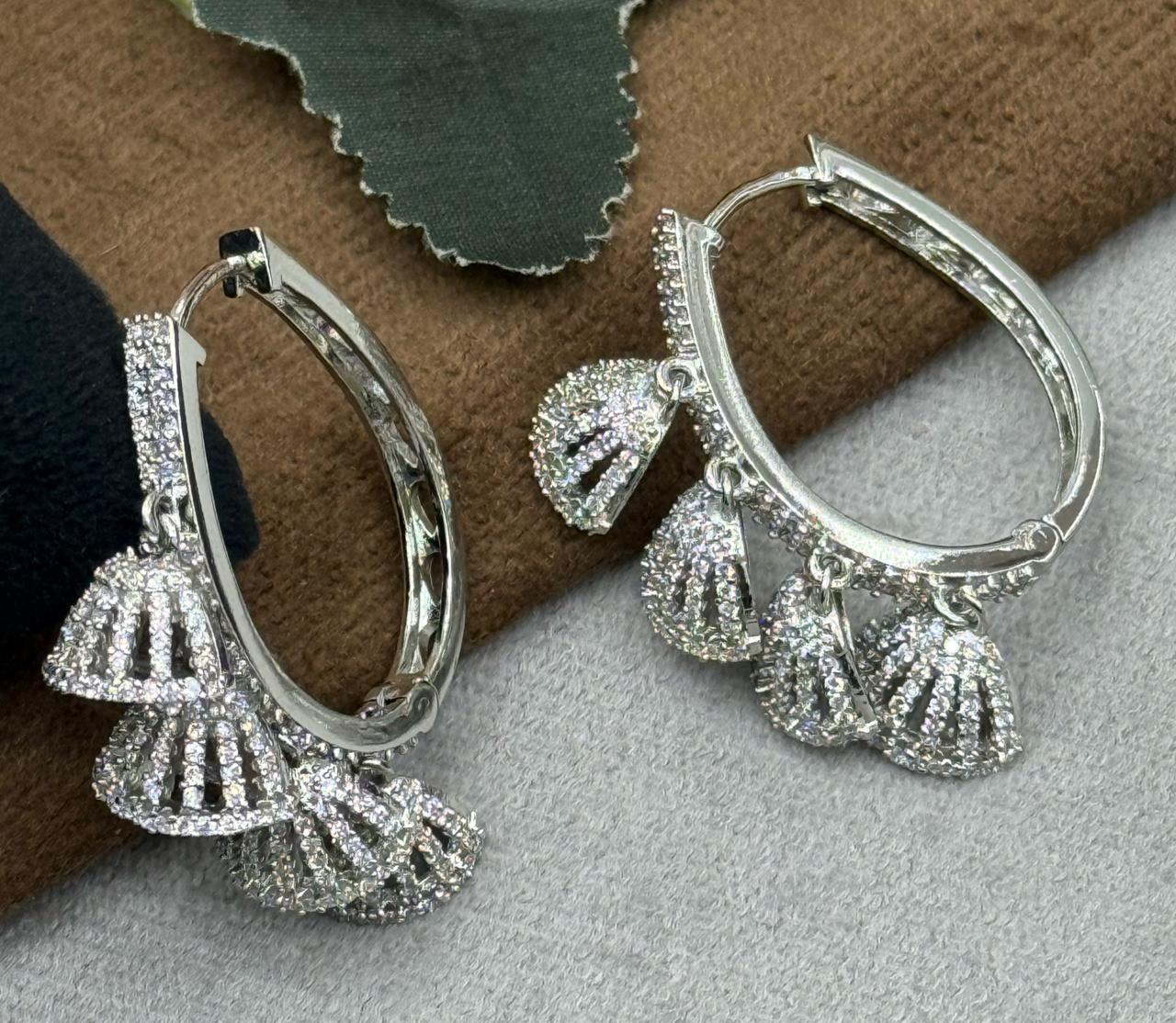 CLASSIC SILVER POLISH  AD STONE HOOPS FOR GIRLS AND WOMEN