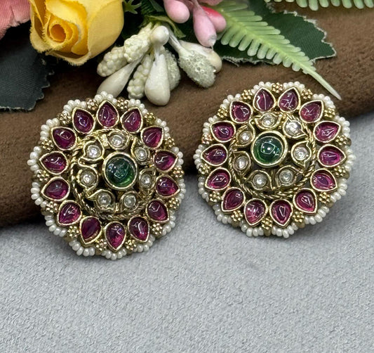 MULTICOLOUR FLOWER SHAPE KUNDAN STUDS FOR WOMEN