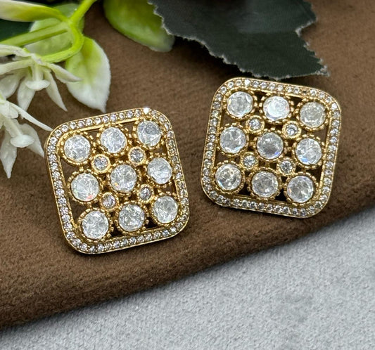 SQUARE GOLDEN POLISH KUNDAN EARRING